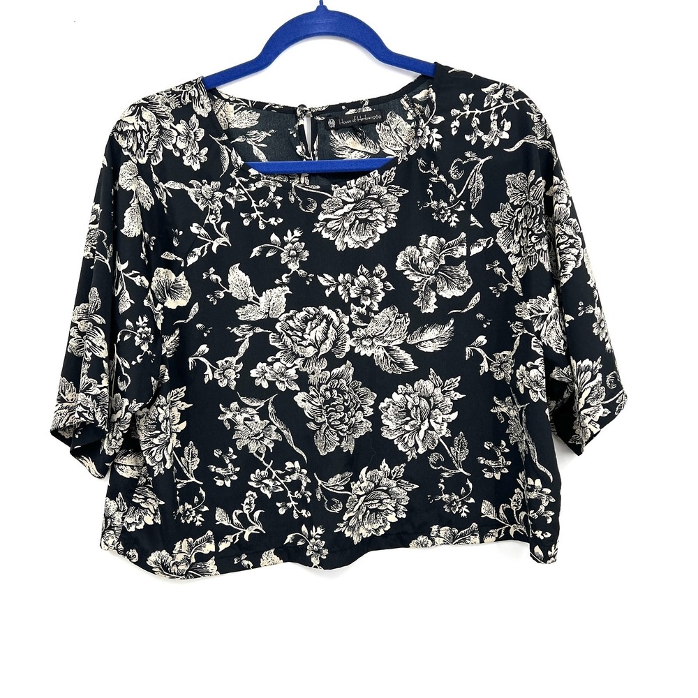 House of Harlow 1960 floral cropped boxy fit blouse black white top minimalist M
